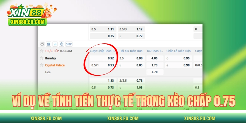 Ví dụ về tính tiền thực tế trong kèo chấp 0.75